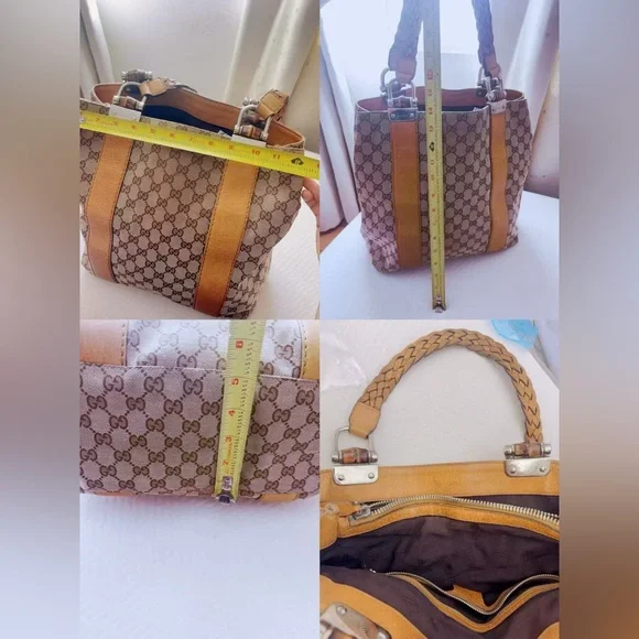 Gucci Bamboo Bar GG Monogram Canvas Shopper Tote Yellow Leather Braided Handles - Picture 13 of 14